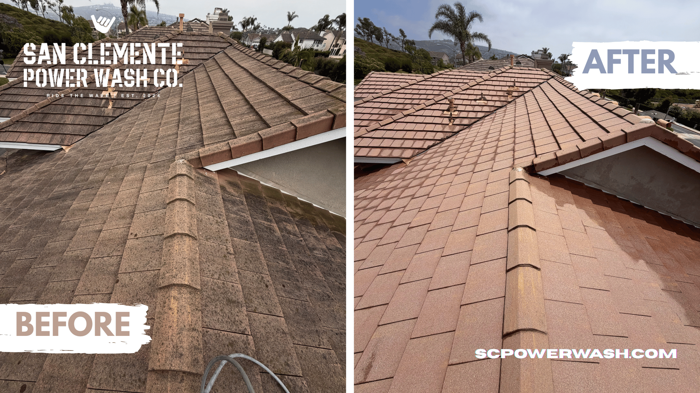 Hillside concrete tile roof before and after professional roof cleaning
