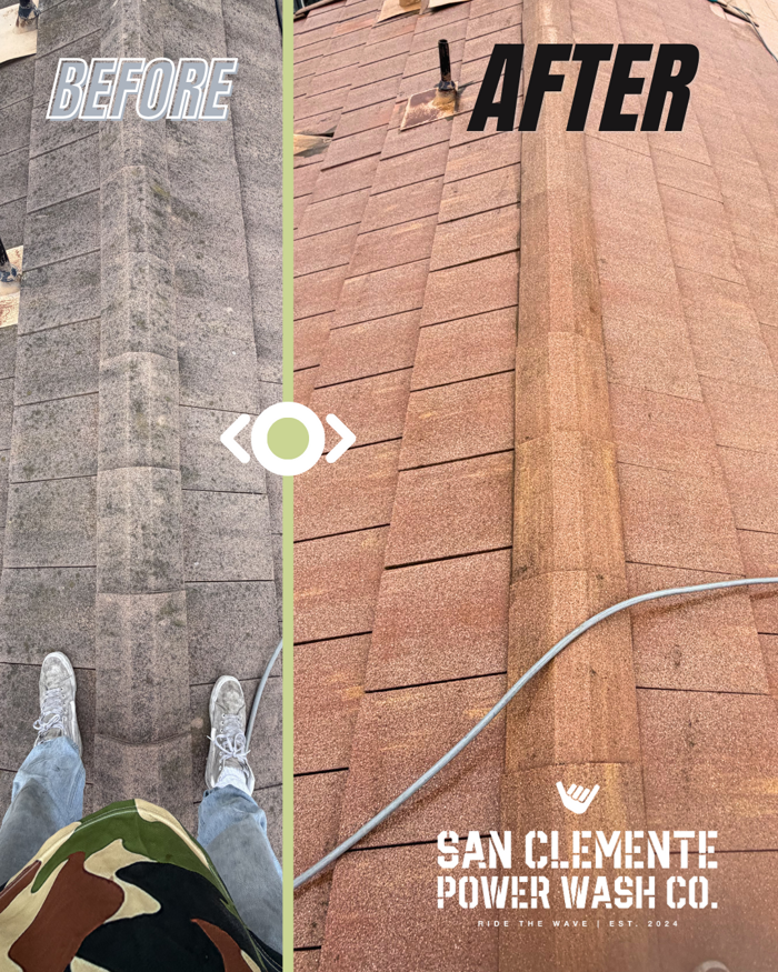 Close-up before and after of a flat concrete tile roof stripped of algae and moss