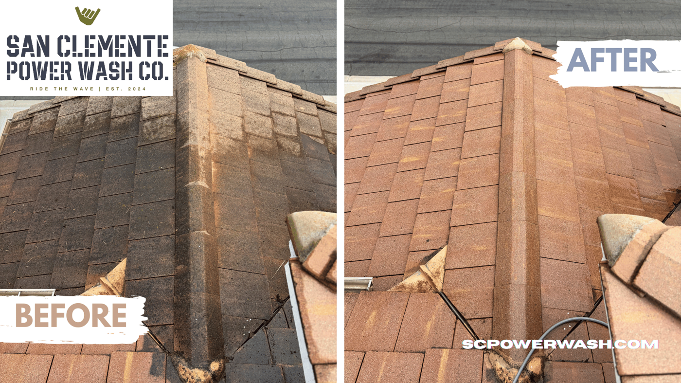 Roof ridge and hip tiles before and after mold and algae removal