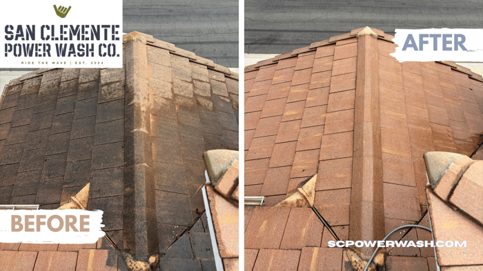 Roof ridge and hip tiles before and after mold and algae removal
