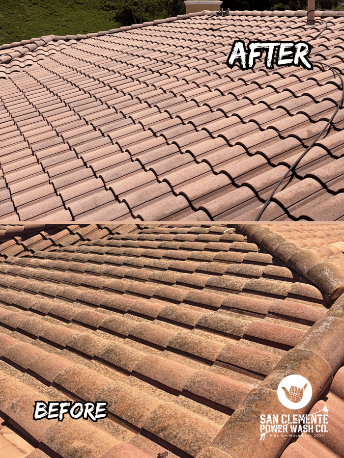 Spanish barrel tile roof before and after a professional soft wash cleaning in coastal Southern California