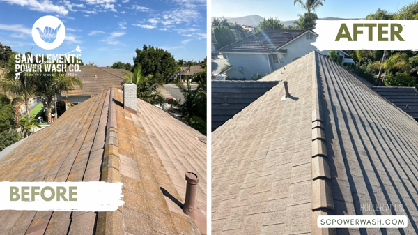 Before and after roof cleaning collage - multiple projects