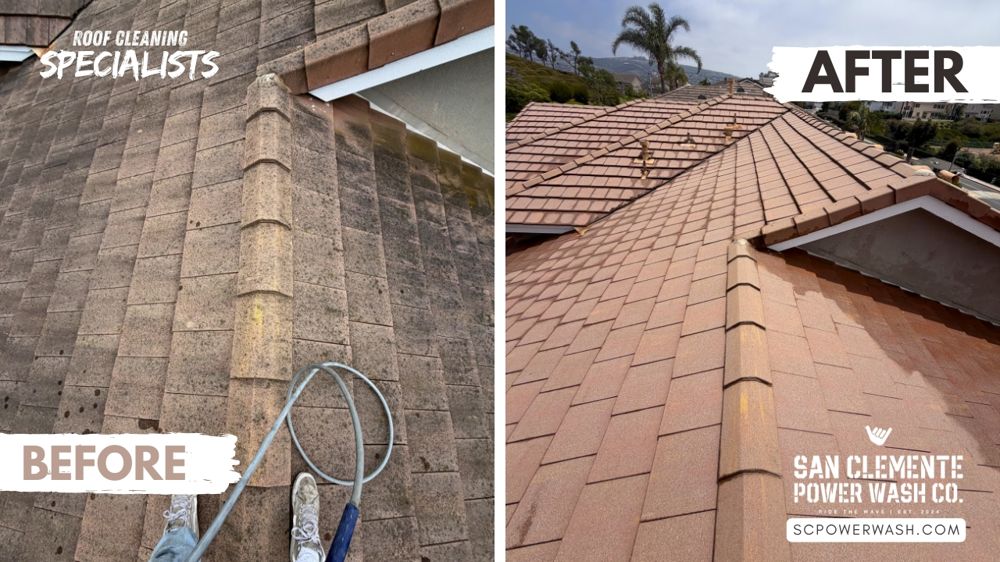Concrete tile roof before and after professional cleaning by San Clemente Power Wash Co.