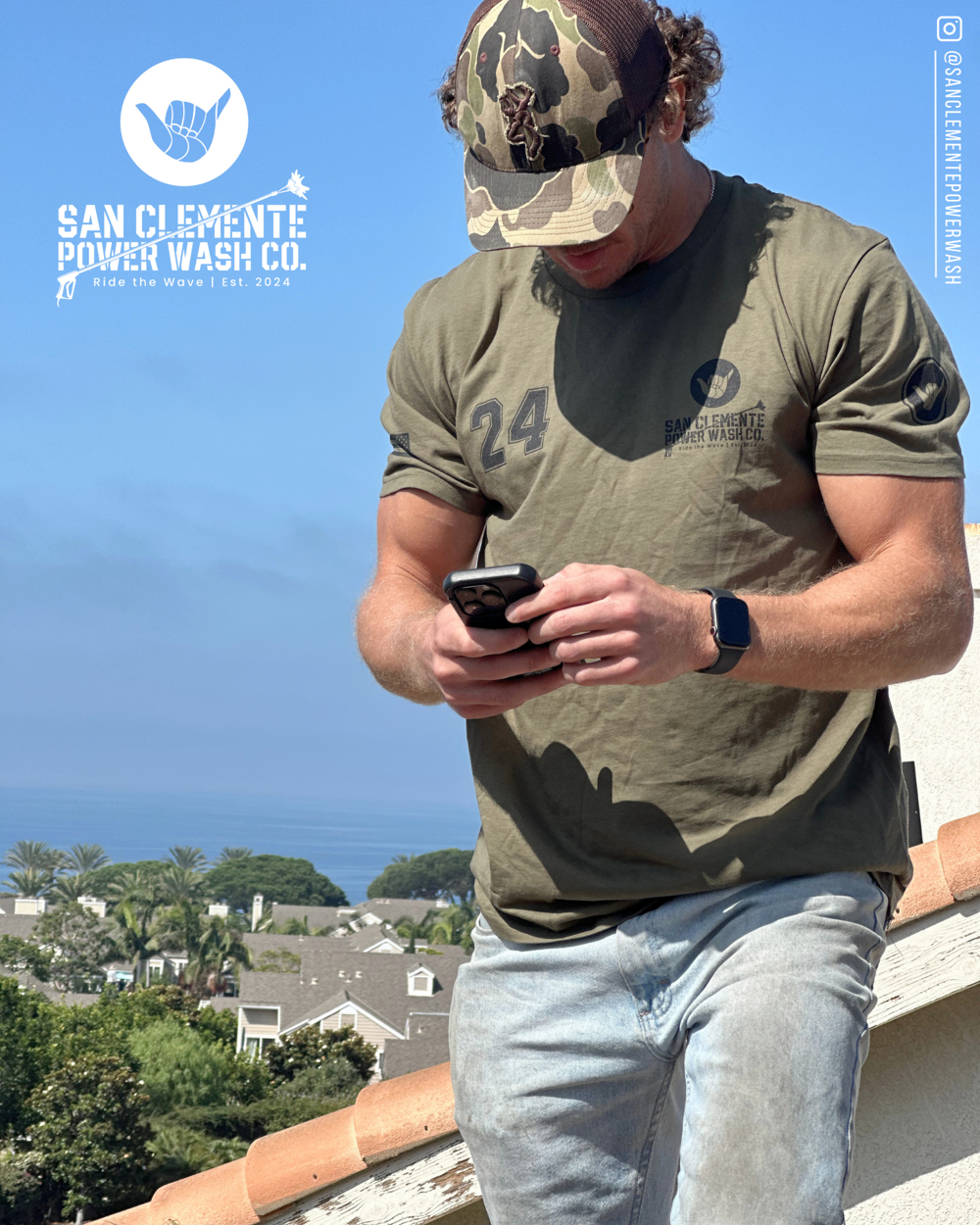 Jamie of San Clemente Power Wash Co. working on a tile roof above the Southern California coast