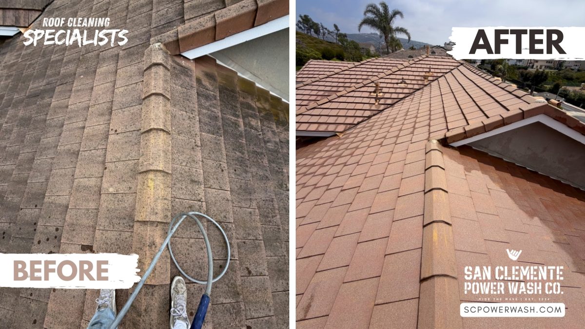Concrete tile roof before and after professional cleaning by San Clemente Power Wash Co.